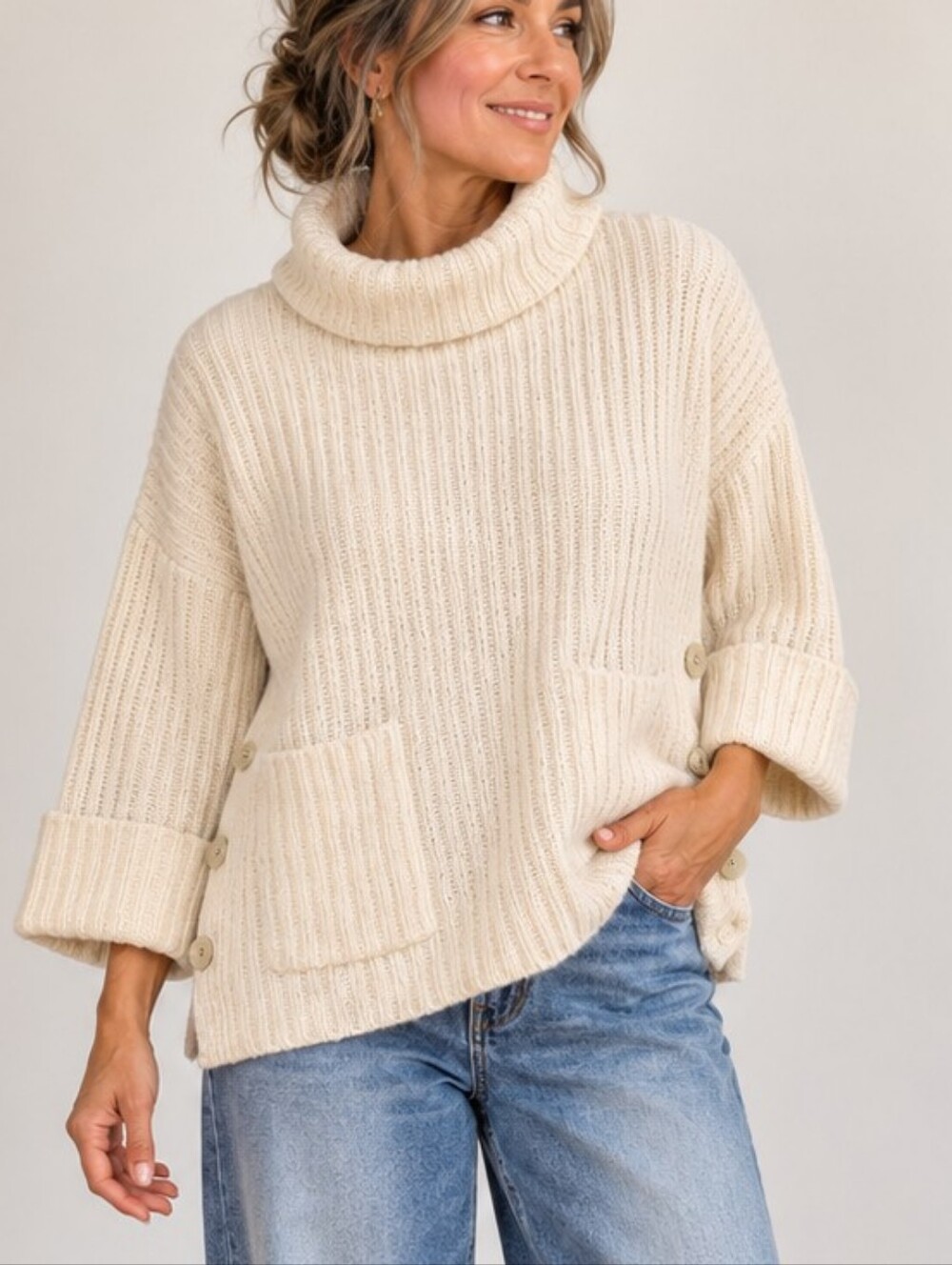 Joie Alpaca Cream Thick Ribbed Sweater Size M/L Funnel Neck 3/4 Sleeve Cozy